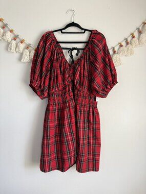 Old Navy Smocked Waisted Tie Red Tartan Plaid Puff Sleeve Mini Dress Preppy NWT